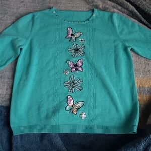 Alfred Dunner Purple and Blue Crew Neck Sweater with Whimsical Embellishments